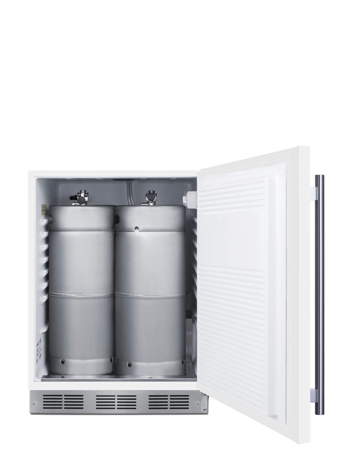 Built-in undercounter ADA height commercially listed kegerator in white with stainless steel handle; no tapping equipment included